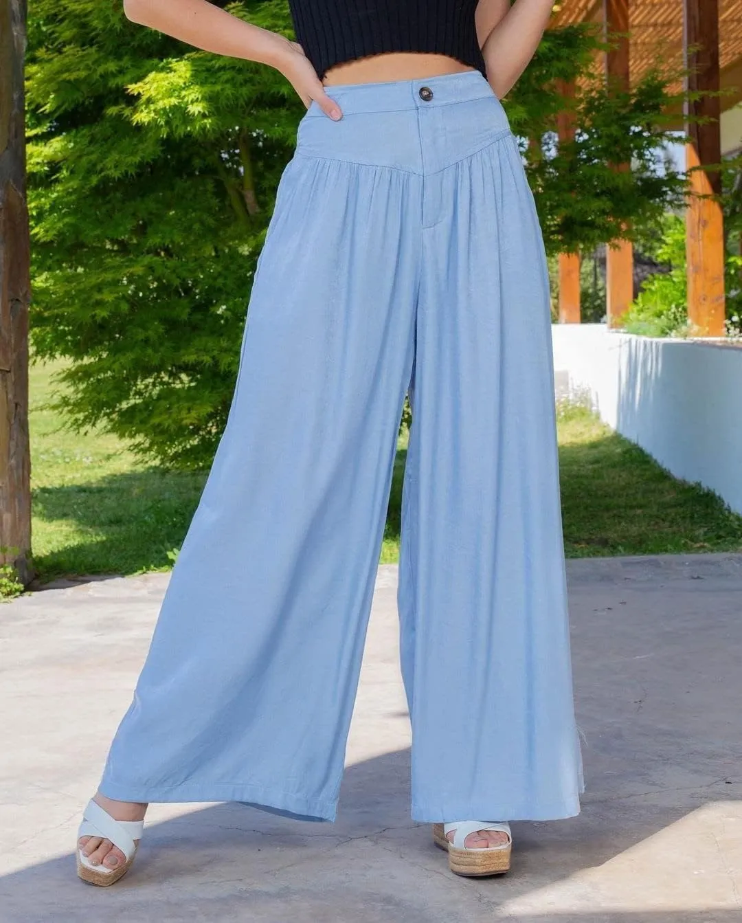 Wide Leg Jean Pants for Women Button High Waist Denim Pants Zipper Lounge Flare Palazzo Trousers with Pockets