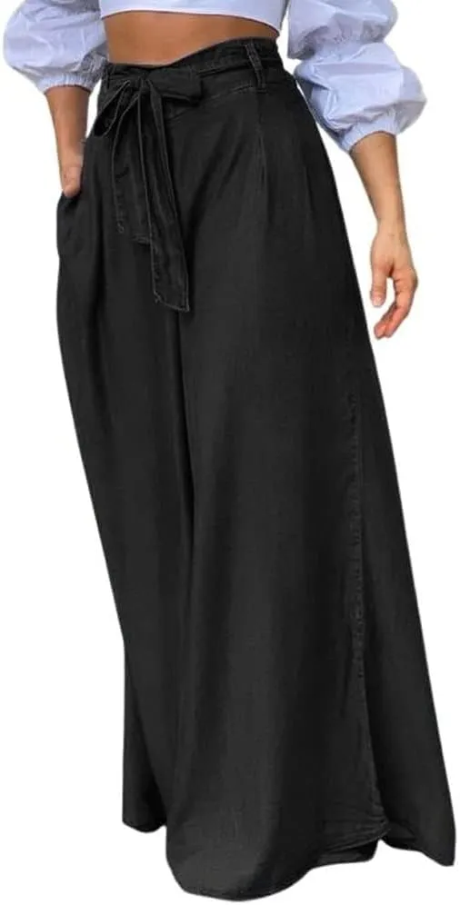 Wide Leg Jean Pants for Women Button High Waist Denim Pants Zipper Lounge Flare Palazzo Trousers with Pockets