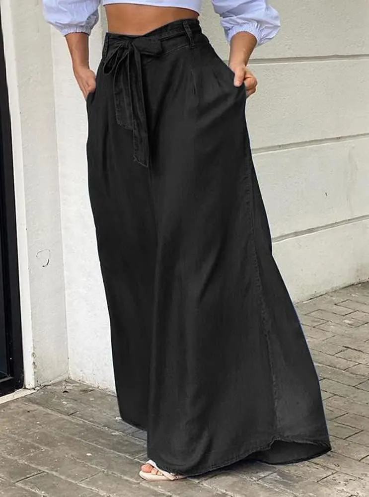 Wide Leg Jean Pants for Women Button High Waist Denim Pants Zipper Lounge Flare Palazzo Trousers with Pockets