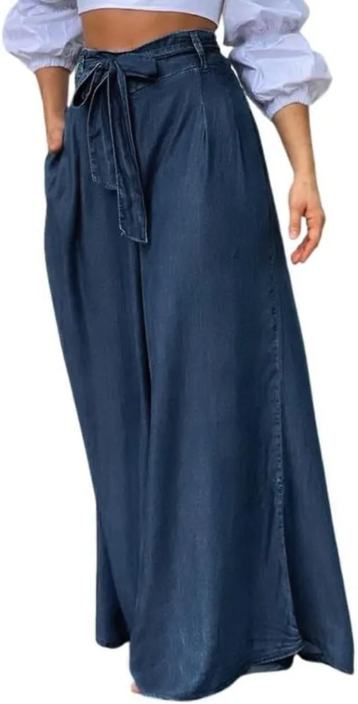 Wide Leg Jean Pants for Women Button High Waist Denim Pants Zipper Lounge Flare Palazzo Trousers with Pockets