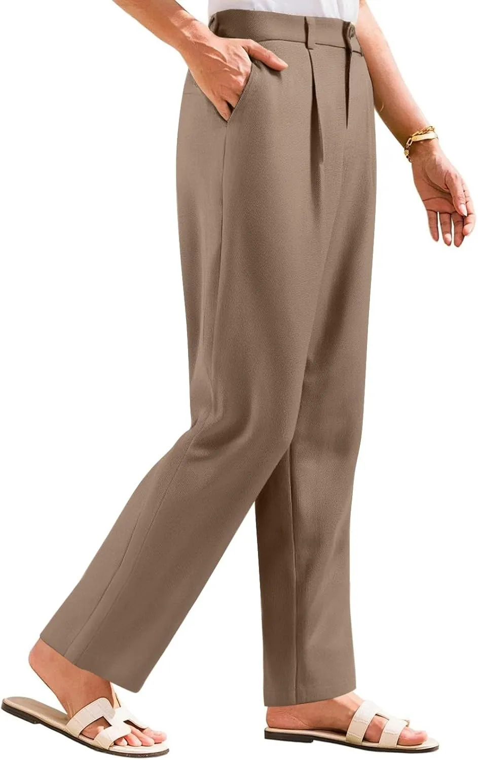 Wide Leg Linen Pants for Women Business Casual Elastic Waisted Dress Pants Dressy Office Work Trousers with Pockets