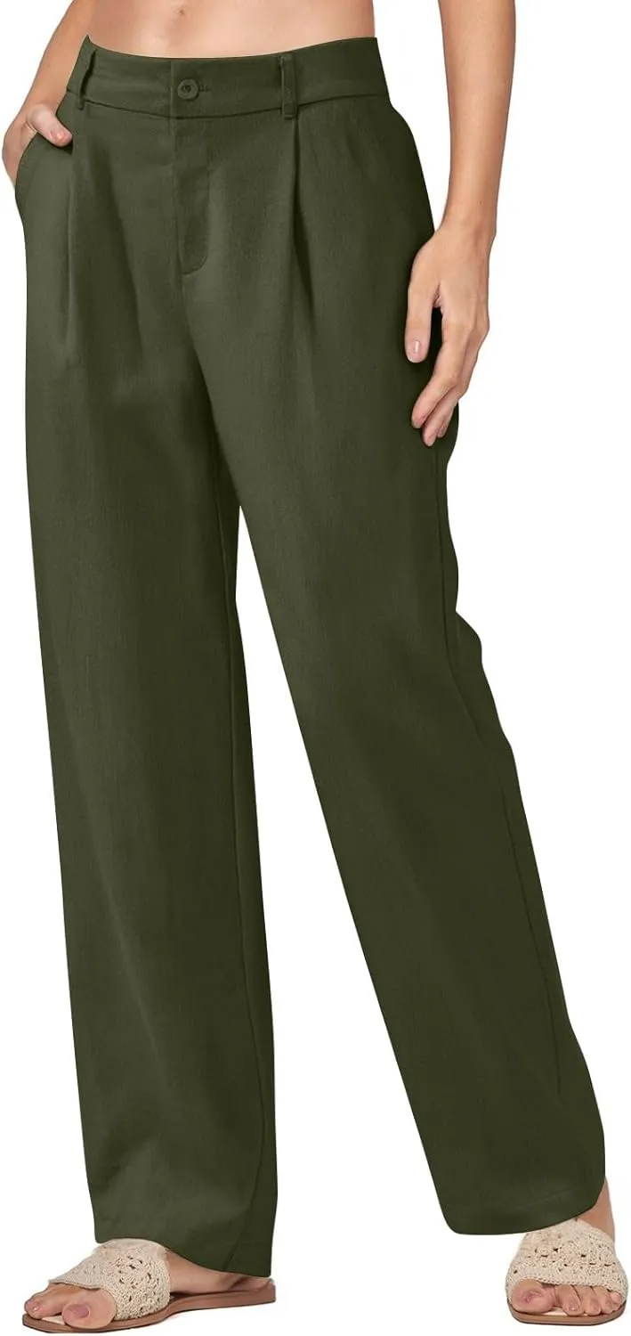 Wide Leg Linen Pants for Women Business Casual Elastic Waisted Dress Pants Dressy Office Work Trousers with Pockets
