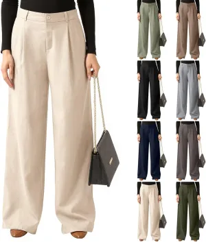 Wide Leg Linen Pants for Women Business Casual Elastic Waisted Dress Pants Dressy Office Work Trousers with Pockets