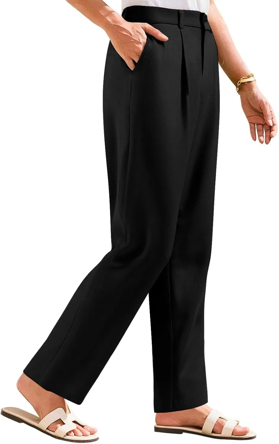 Wide Leg Linen Pants for Women Business Casual Elastic Waisted Dress Pants Dressy Office Work Trousers with Pockets