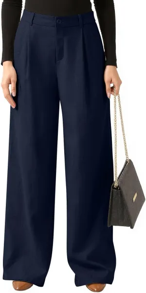 Wide Leg Linen Pants for Women Business Casual Elastic Waisted Dress Pants Dressy Office Work Trousers with Pockets