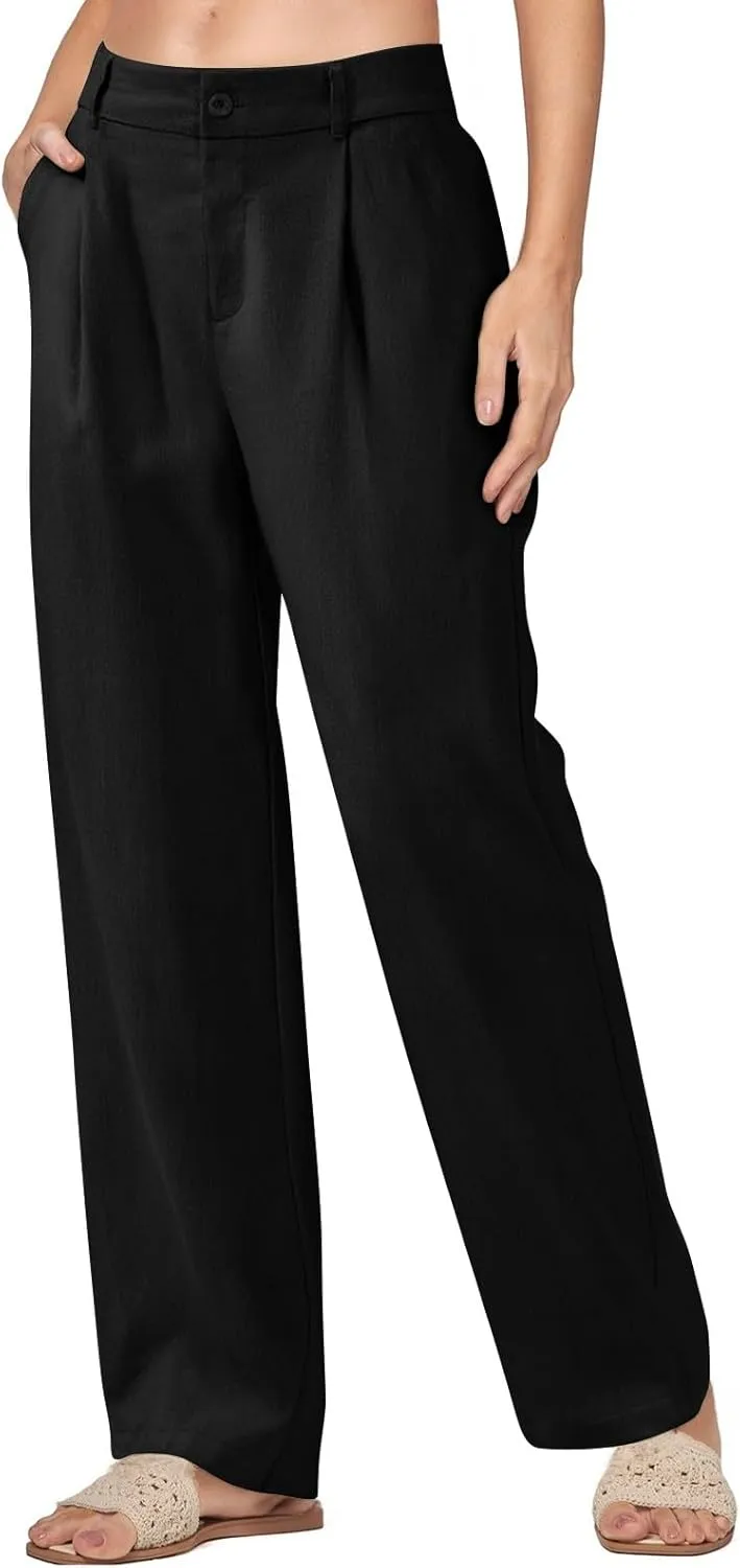Wide Leg Linen Pants for Women Business Casual Elastic Waisted Dress Pants Dressy Office Work Trousers with Pockets