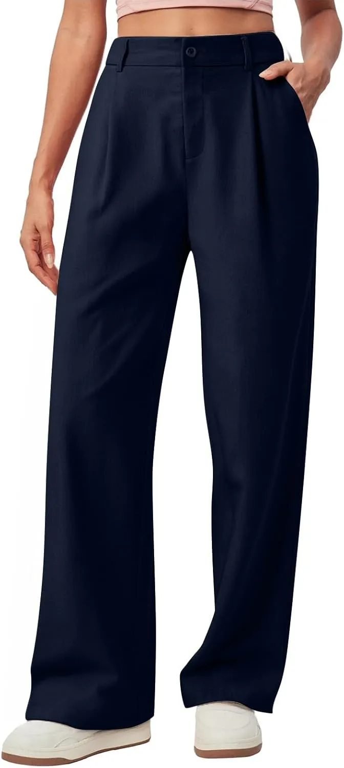 Wide Leg Linen Pants for Women Business Casual Elastic Waisted Dress Pants Dressy Office Work Trousers with Pockets