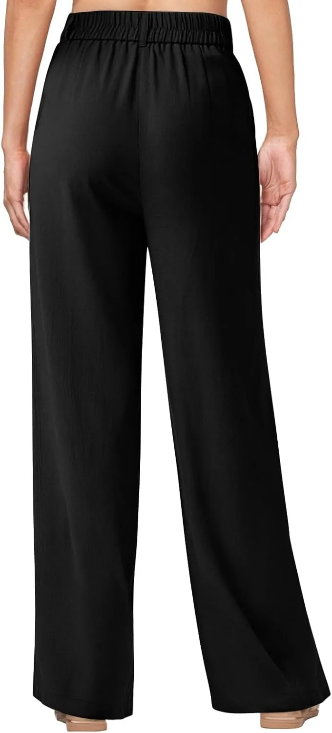 Wide Leg Linen Pants for Women Business Casual Elastic Waisted Dress Pants Dressy Office Work Trousers with Pockets