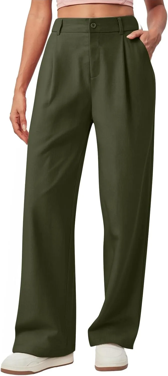 Wide Leg Linen Pants for Women Business Casual Elastic Waisted Dress Pants Dressy Office Work Trousers with Pockets