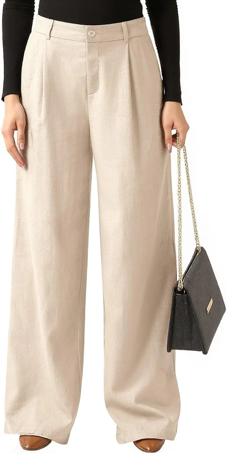 Wide Leg Linen Pants for Women Business Casual Elastic Waisted Dress Pants Dressy Office Work Trousers with Pockets