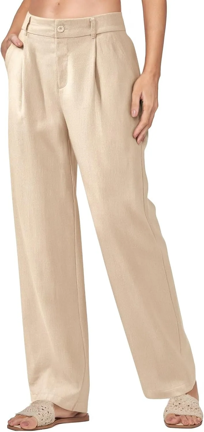 Wide Leg Linen Pants for Women Business Casual Elastic Waisted Dress Pants Dressy Office Work Trousers with Pockets