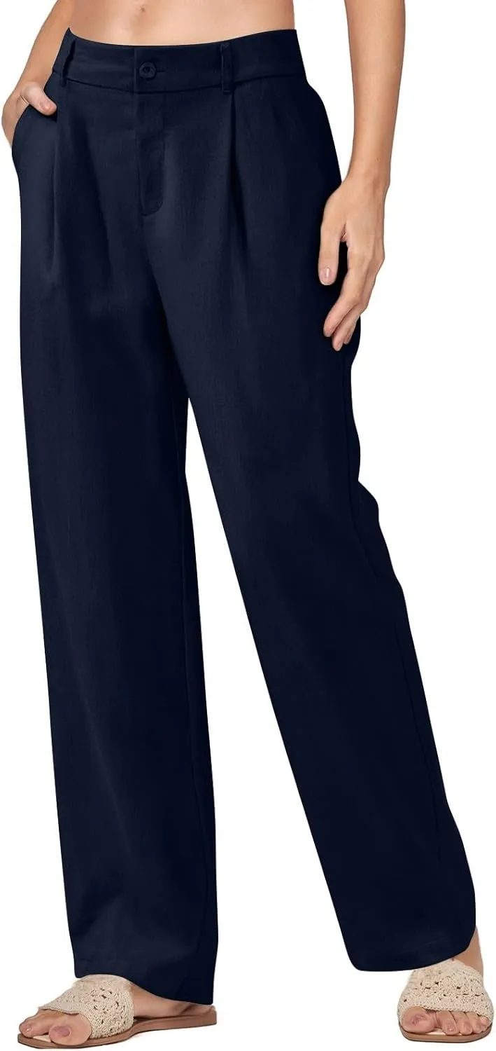 Wide Leg Linen Pants for Women Business Casual Elastic Waisted Dress Pants Dressy Office Work Trousers with Pockets