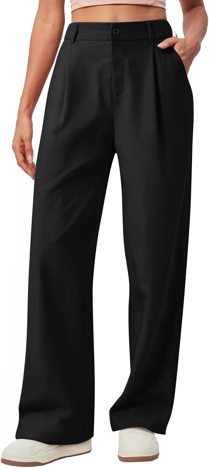 Wide Leg Linen Pants for Women Business Casual Elastic Waisted Dress Pants Dressy Office Work Trousers with Pockets