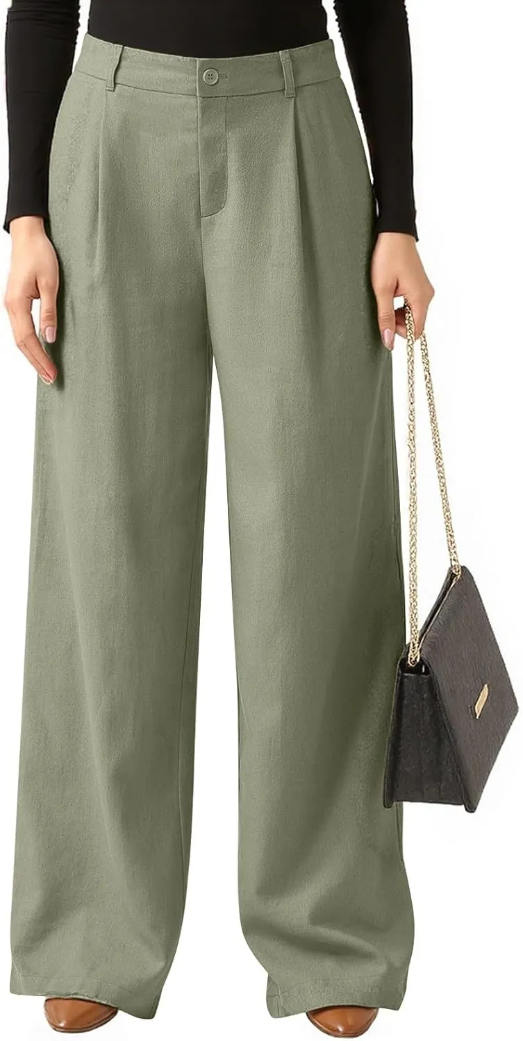 Wide Leg Linen Pants for Women Business Casual Elastic Waisted Dress Pants Dressy Office Work Trousers with Pockets