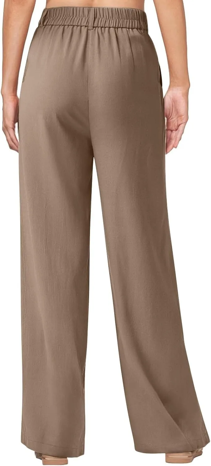 Wide Leg Linen Pants for Women Business Casual Elastic Waisted Dress Pants Dressy Office Work Trousers with Pockets