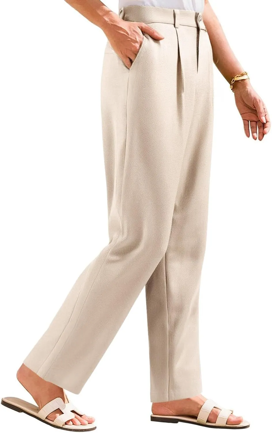 Wide Leg Linen Pants for Women Business Casual Elastic Waisted Dress Pants Dressy Office Work Trousers with Pockets