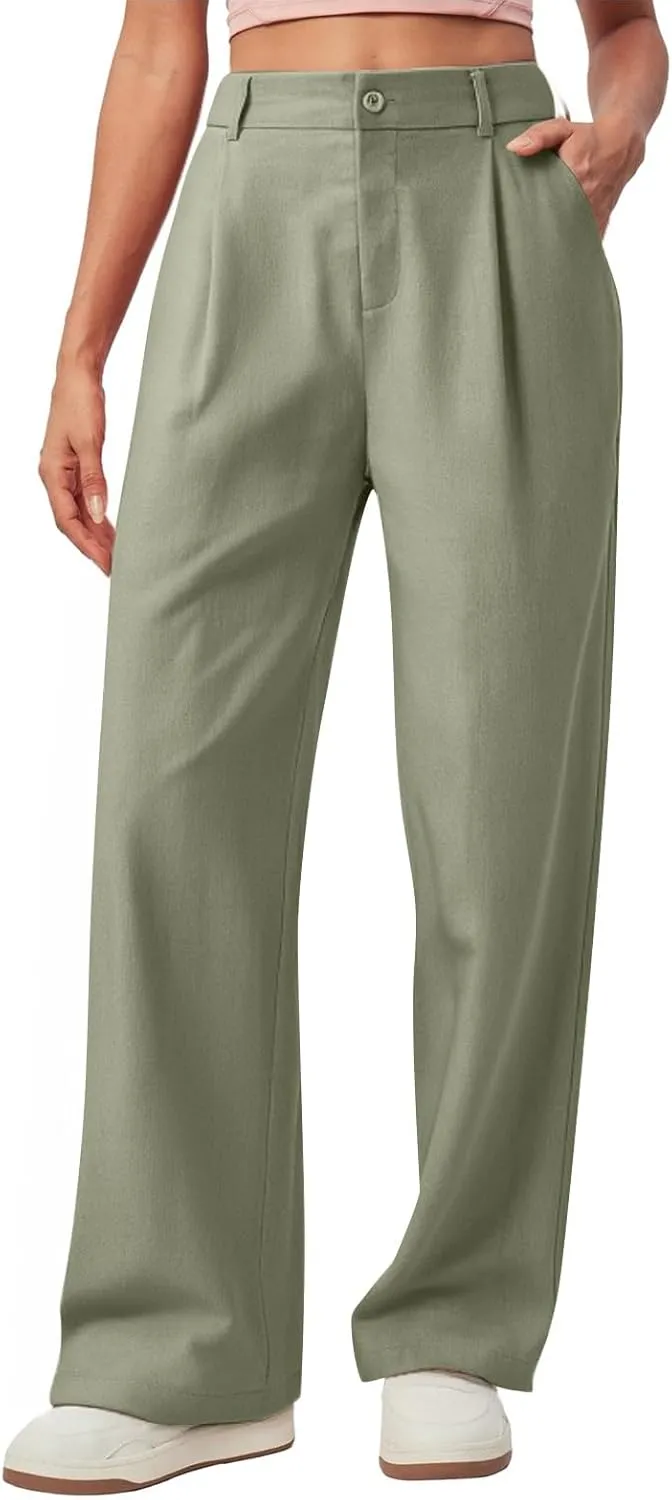 Wide Leg Linen Pants for Women Business Casual Elastic Waisted Dress Pants Dressy Office Work Trousers with Pockets