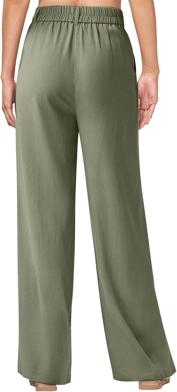 Wide Leg Linen Pants for Women Business Casual Elastic Waisted Dress Pants Dressy Office Work Trousers with Pockets
