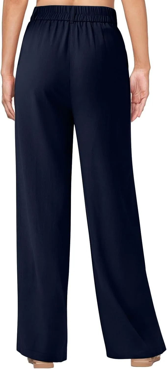 Wide Leg Linen Pants for Women Business Casual Elastic Waisted Dress Pants Dressy Office Work Trousers with Pockets