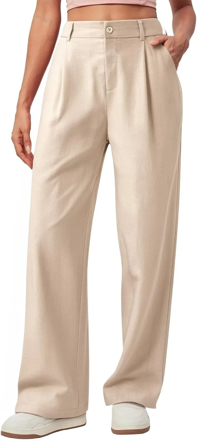 Wide Leg Linen Pants for Women Business Casual Elastic Waisted Dress Pants Dressy Office Work Trousers with Pockets