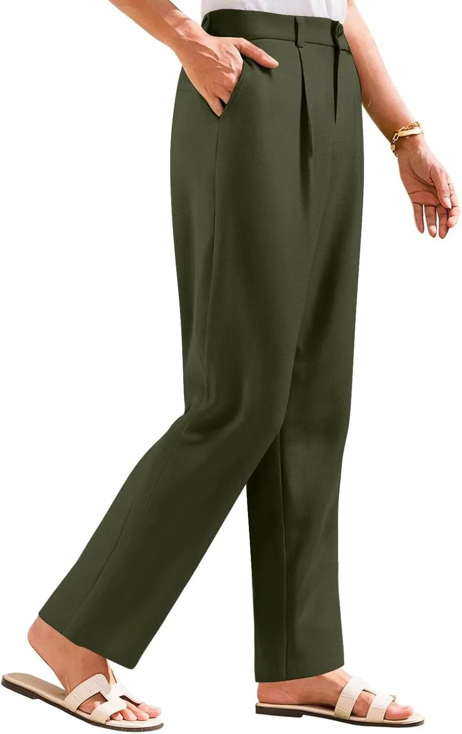 Wide Leg Linen Pants for Women Business Casual Elastic Waisted Dress Pants Dressy Office Work Trousers with Pockets