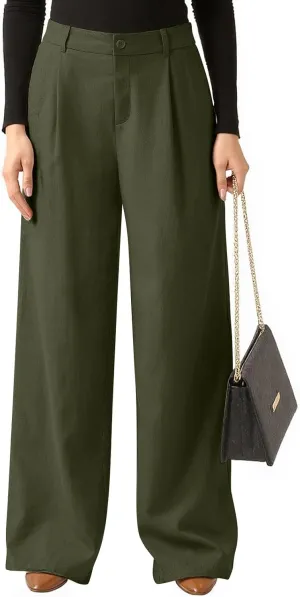 Wide Leg Linen Pants for Women Business Casual Elastic Waisted Dress Pants Dressy Office Work Trousers with Pockets