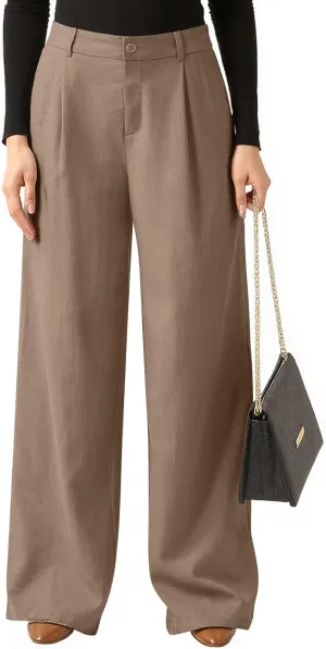 Wide Leg Linen Pants for Women Business Casual Elastic Waisted Dress Pants Dressy Office Work Trousers with Pockets