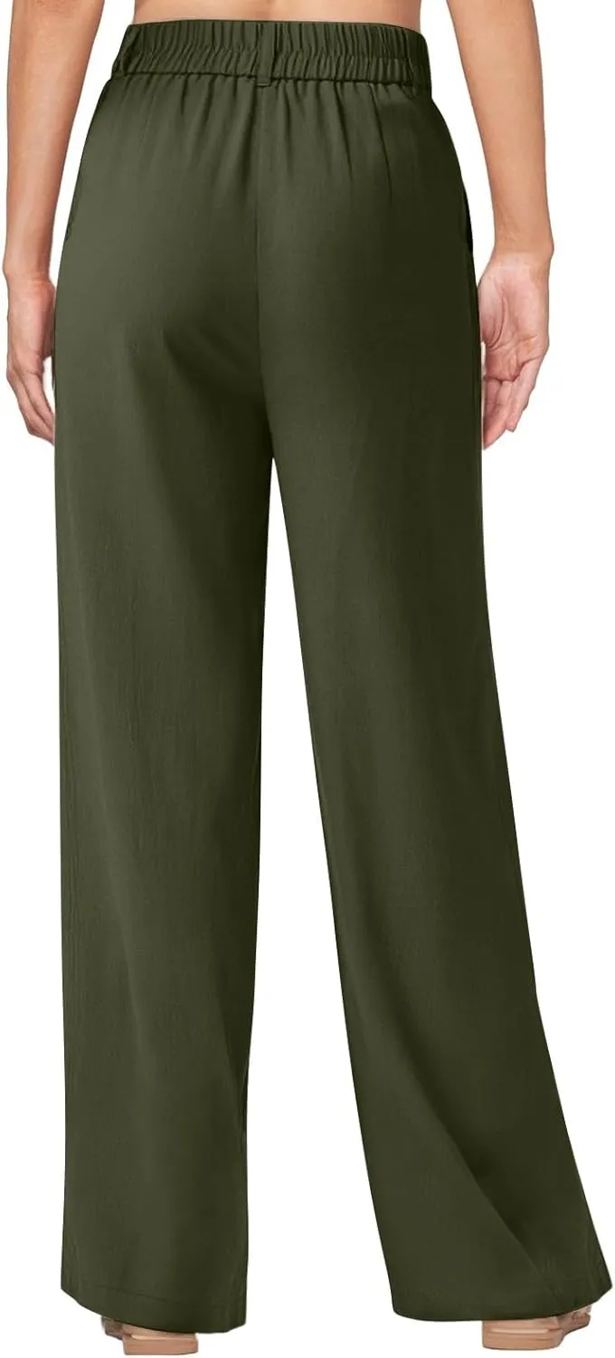 Wide Leg Linen Pants for Women Business Casual Elastic Waisted Dress Pants Dressy Office Work Trousers with Pockets