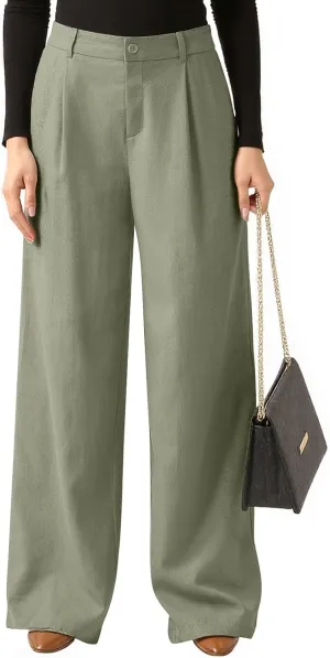 Wide Leg Linen Pants for Women Business Casual Elastic Waisted Dress Pants Dressy Office Work Trousers with Pockets