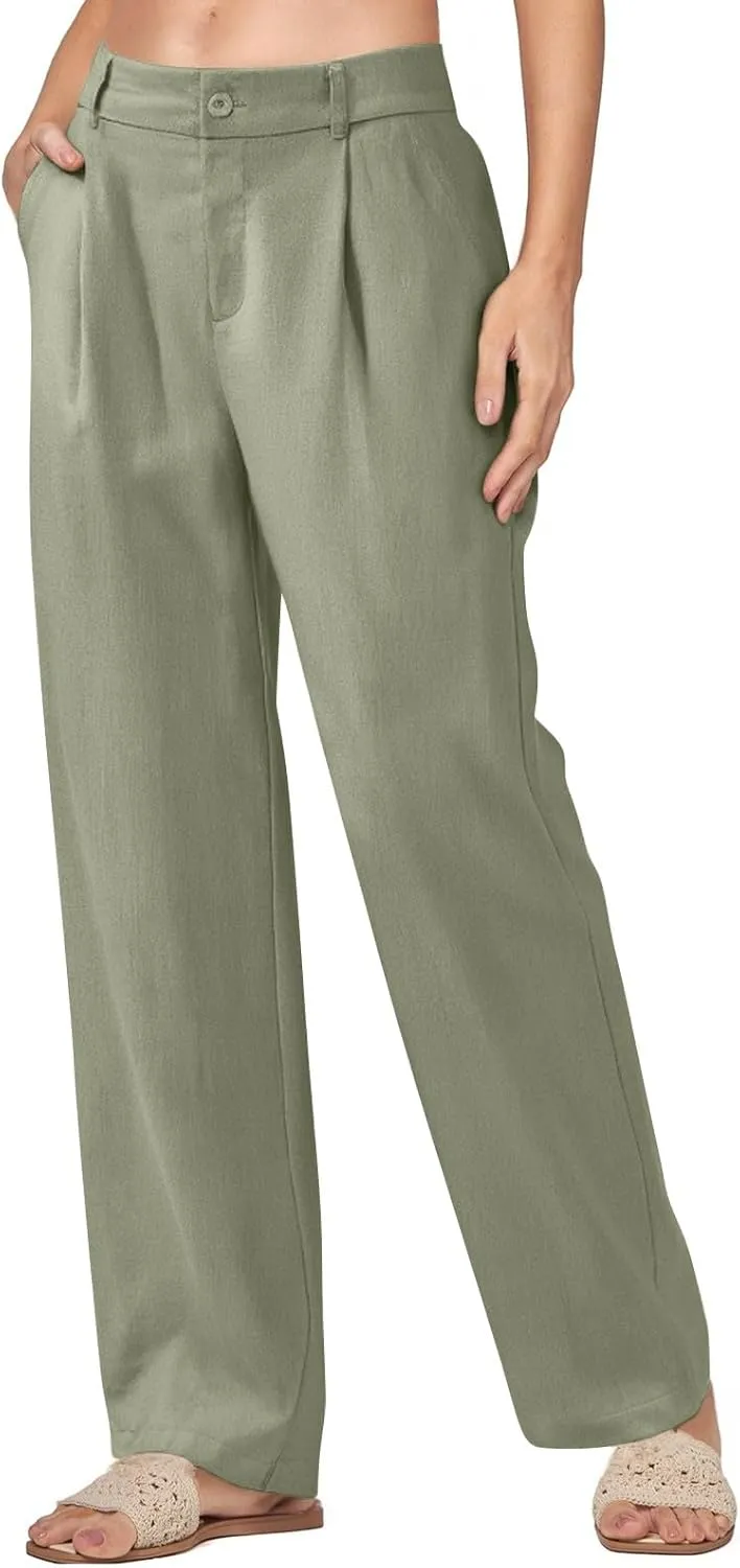 Wide Leg Linen Pants for Women Business Casual Elastic Waisted Dress Pants Dressy Office Work Trousers with Pockets