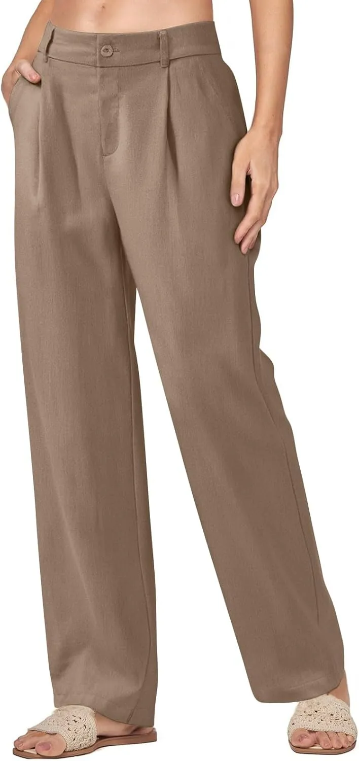 Wide Leg Linen Pants for Women Business Casual Elastic Waisted Dress Pants Dressy Office Work Trousers with Pockets