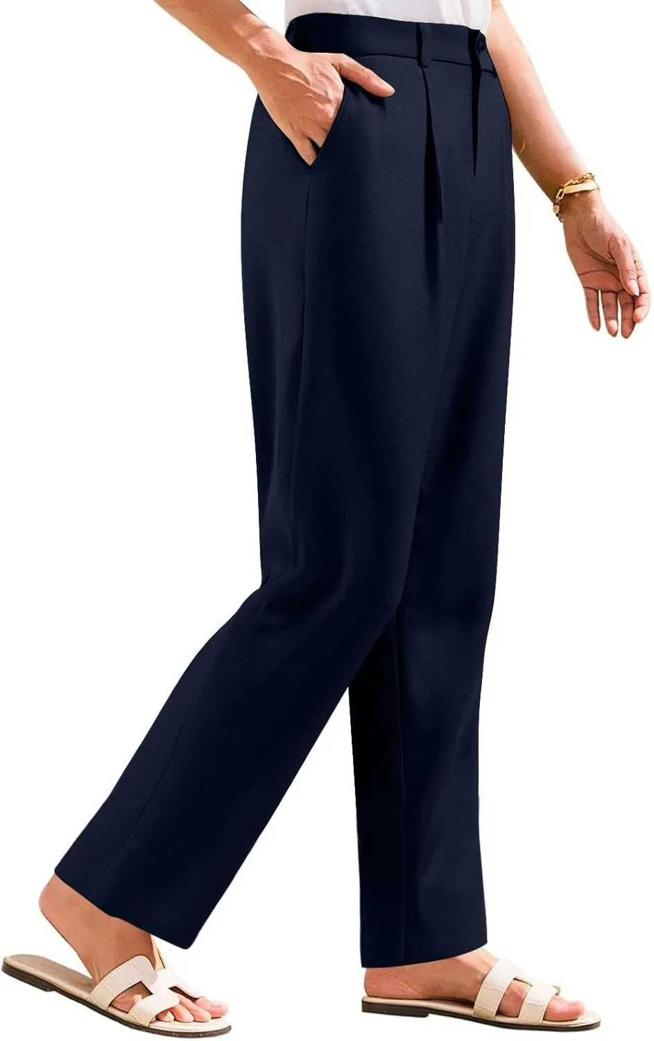 Wide Leg Linen Pants for Women Business Casual Elastic Waisted Dress Pants Dressy Office Work Trousers with Pockets