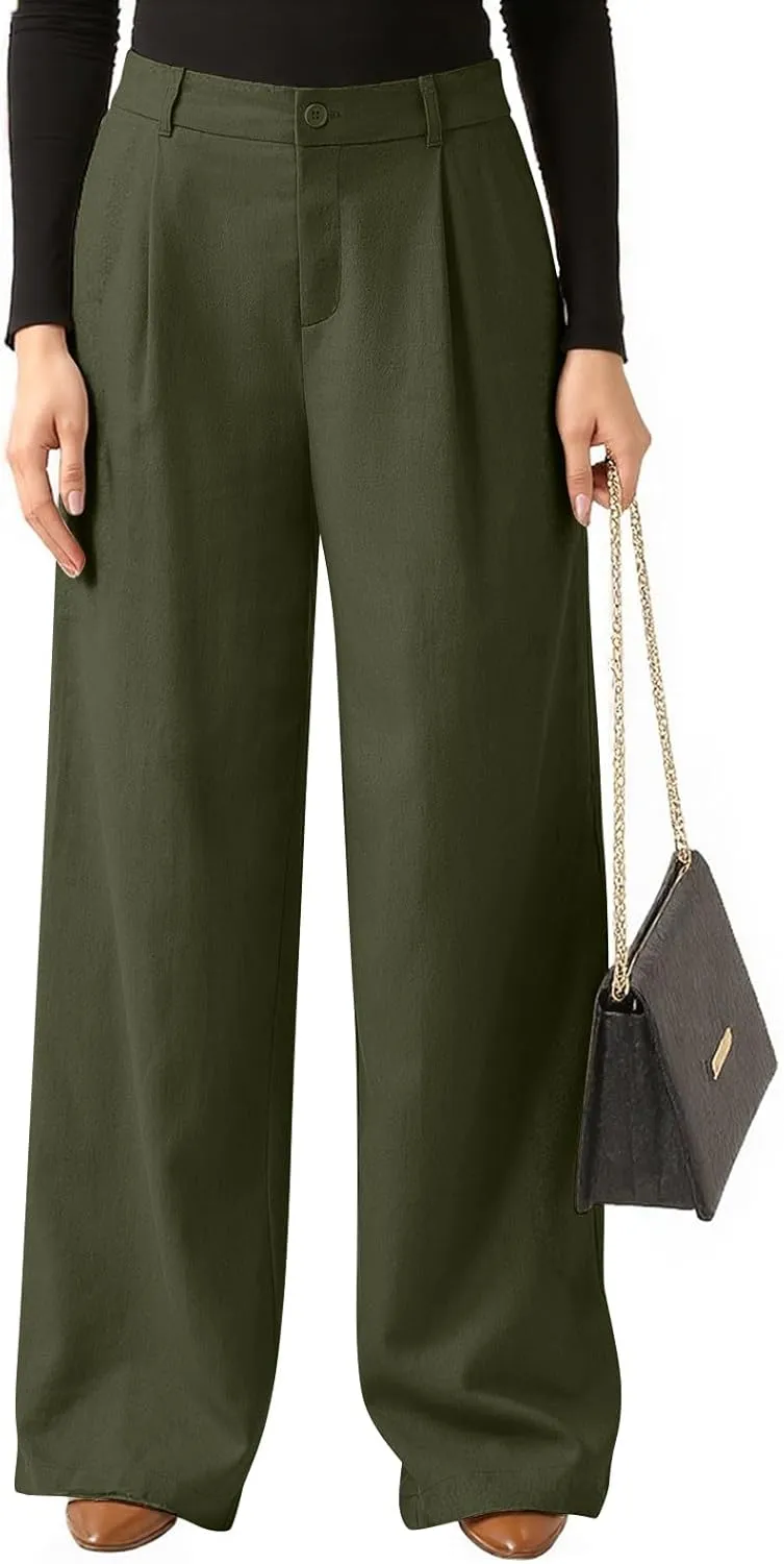 Wide Leg Linen Pants for Women Business Casual Elastic Waisted Dress Pants Dressy Office Work Trousers with Pockets