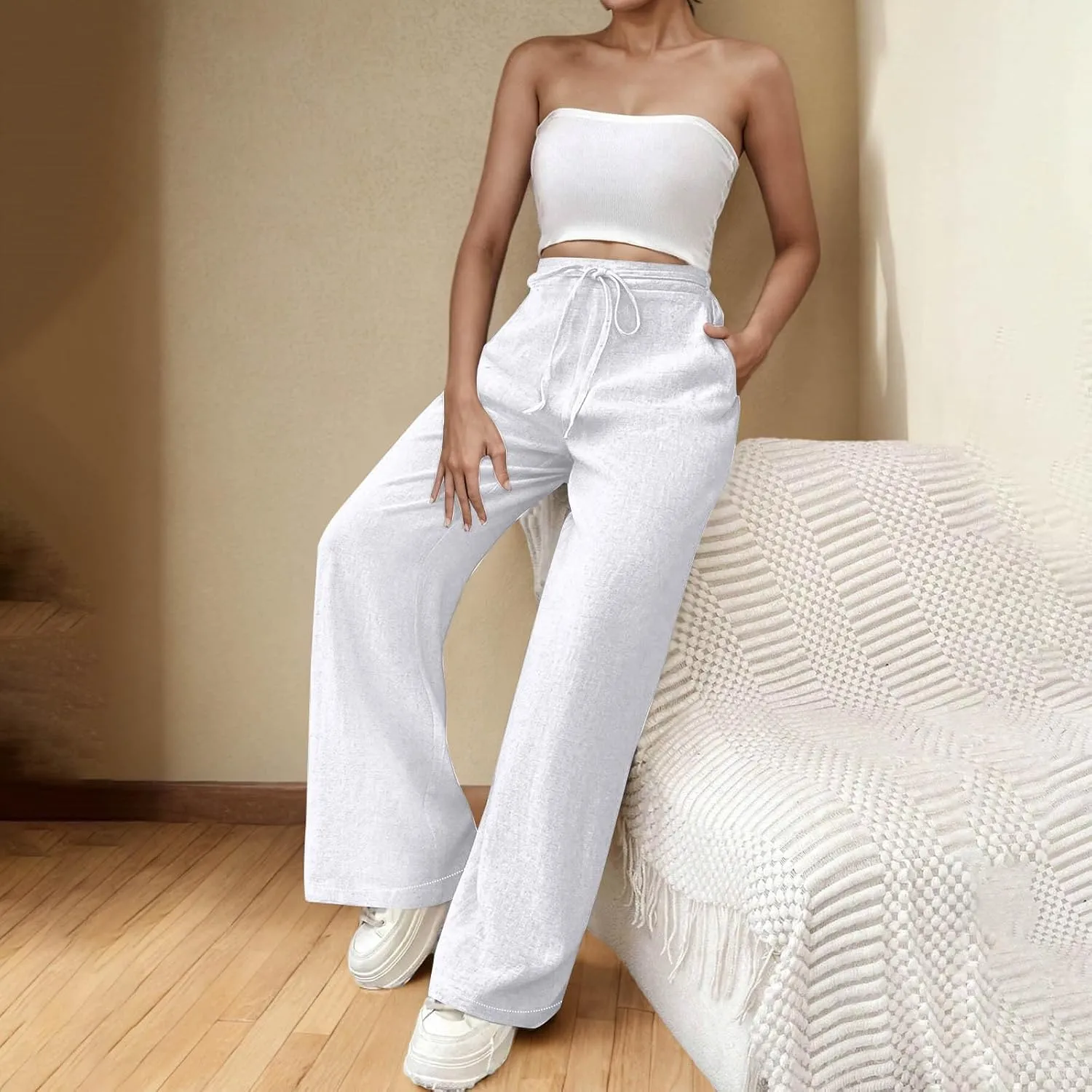 Wide Leg Pants for Women Cotton Linen Pants Summer Palazzo Beach Pants Casual Work Pants High Waisted Dressy Pants