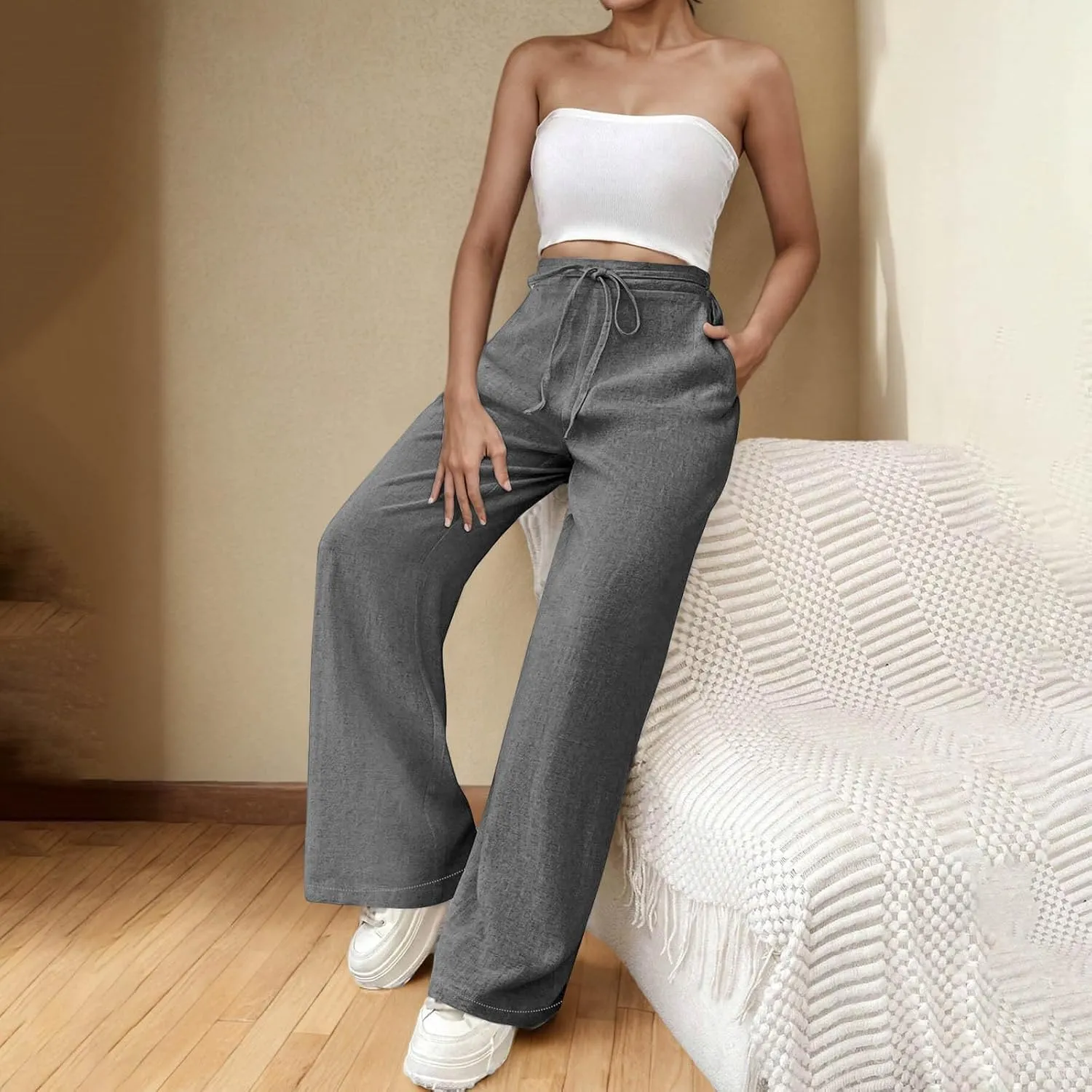 Wide Leg Pants for Women Cotton Linen Pants Summer Palazzo Beach Pants Casual Work Pants High Waisted Dressy Pants