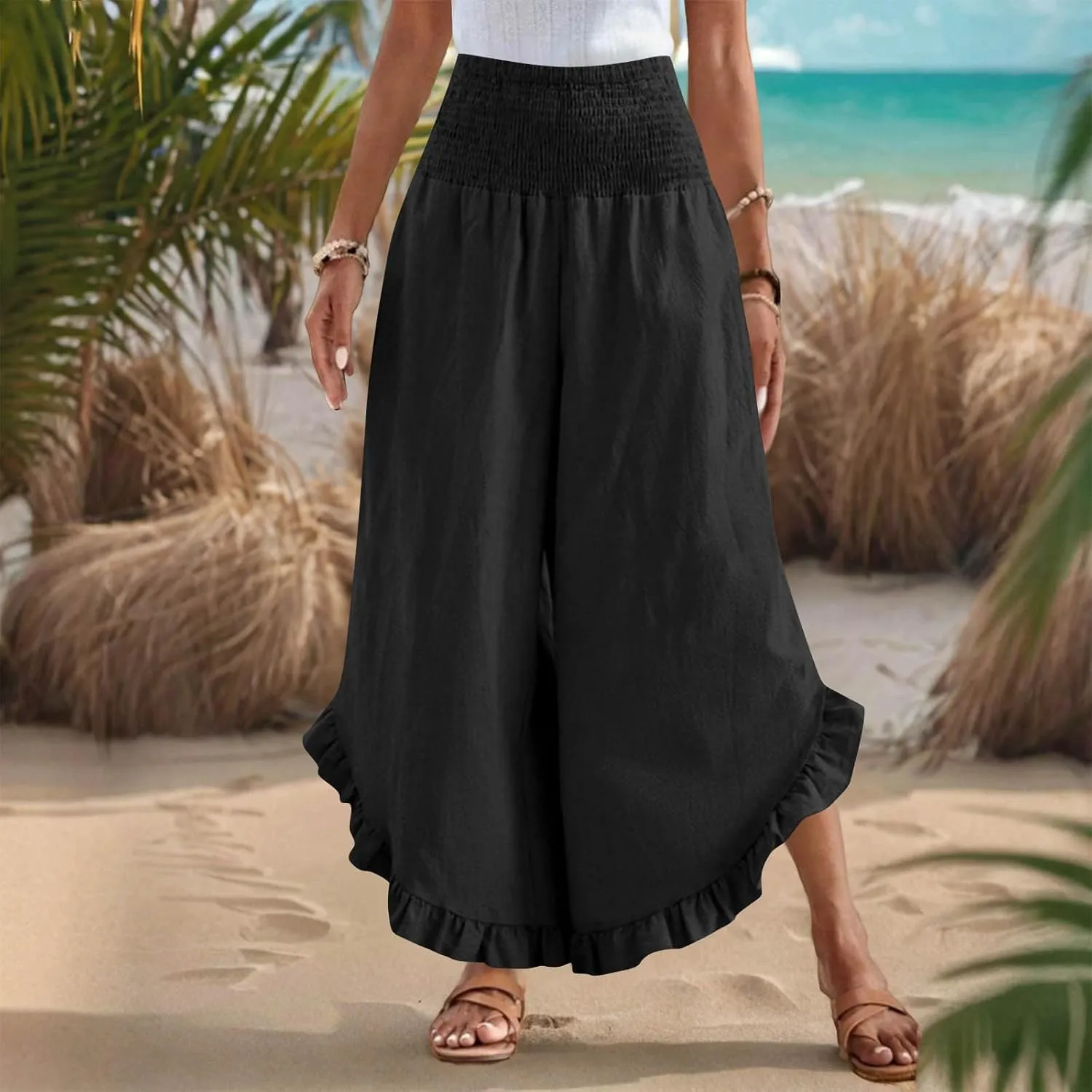 Wide Leg Pants Woman,High Waisted Flowy Pants for Women Ruffle Hem Cropped Elastic Waist Beach Office Boho Trousers