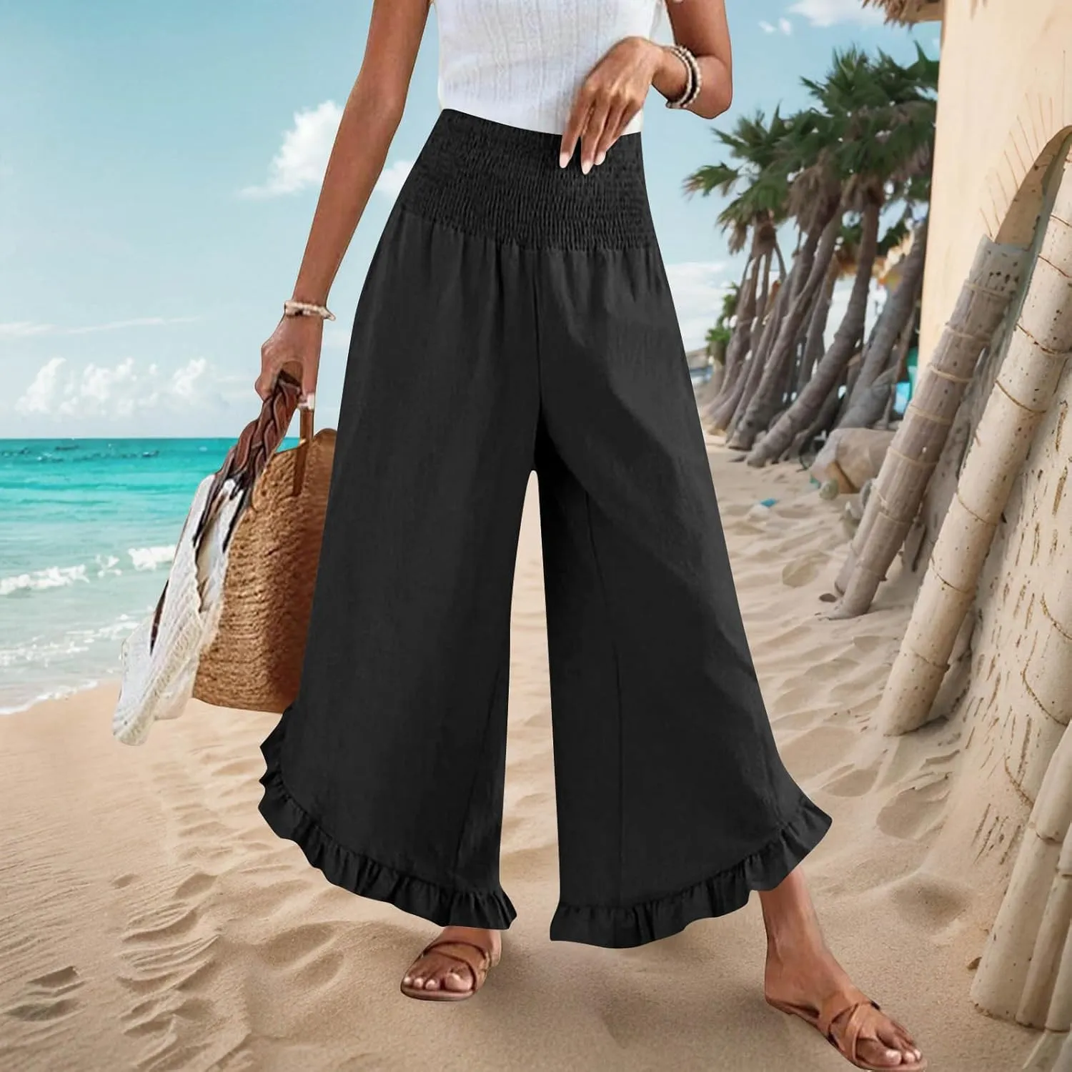 Wide Leg Pants Woman,High Waisted Flowy Pants for Women Ruffle Hem Cropped Elastic Waist Beach Office Boho Trousers