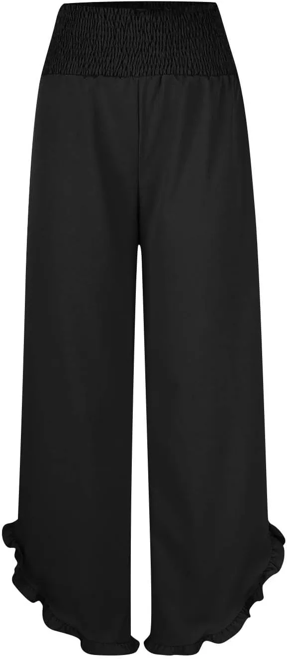 Wide Leg Pants Woman,High Waisted Flowy Pants for Women Ruffle Hem Cropped Elastic Waist Beach Office Boho Trousers