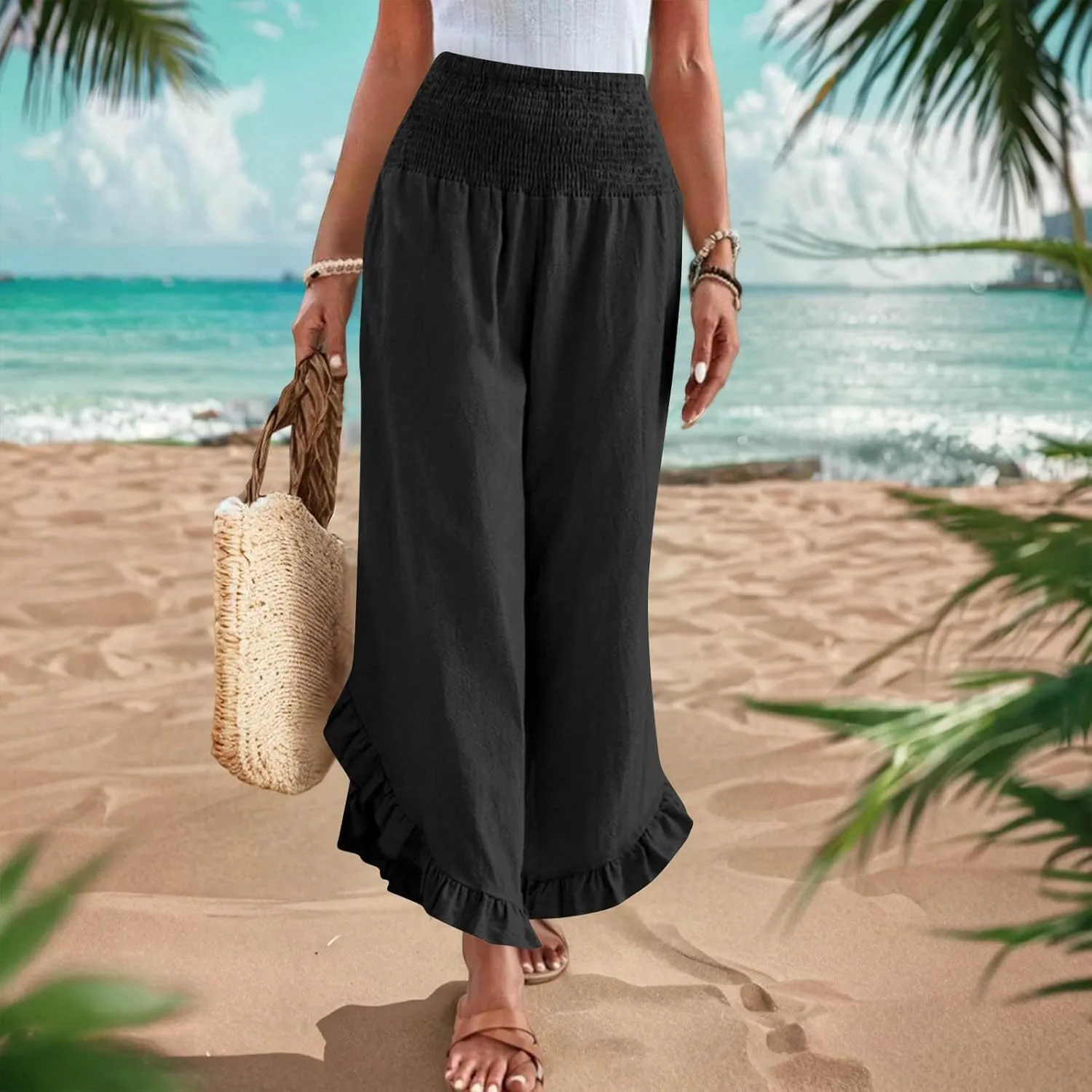 Wide Leg Pants Woman,High Waisted Flowy Pants for Women Ruffle Hem Cropped Elastic Waist Beach Office Boho Trousers