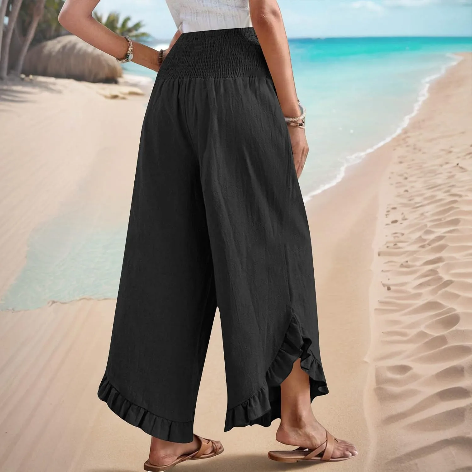 Wide Leg Pants Woman,High Waisted Flowy Pants for Women Ruffle Hem Cropped Elastic Waist Beach Office Boho Trousers