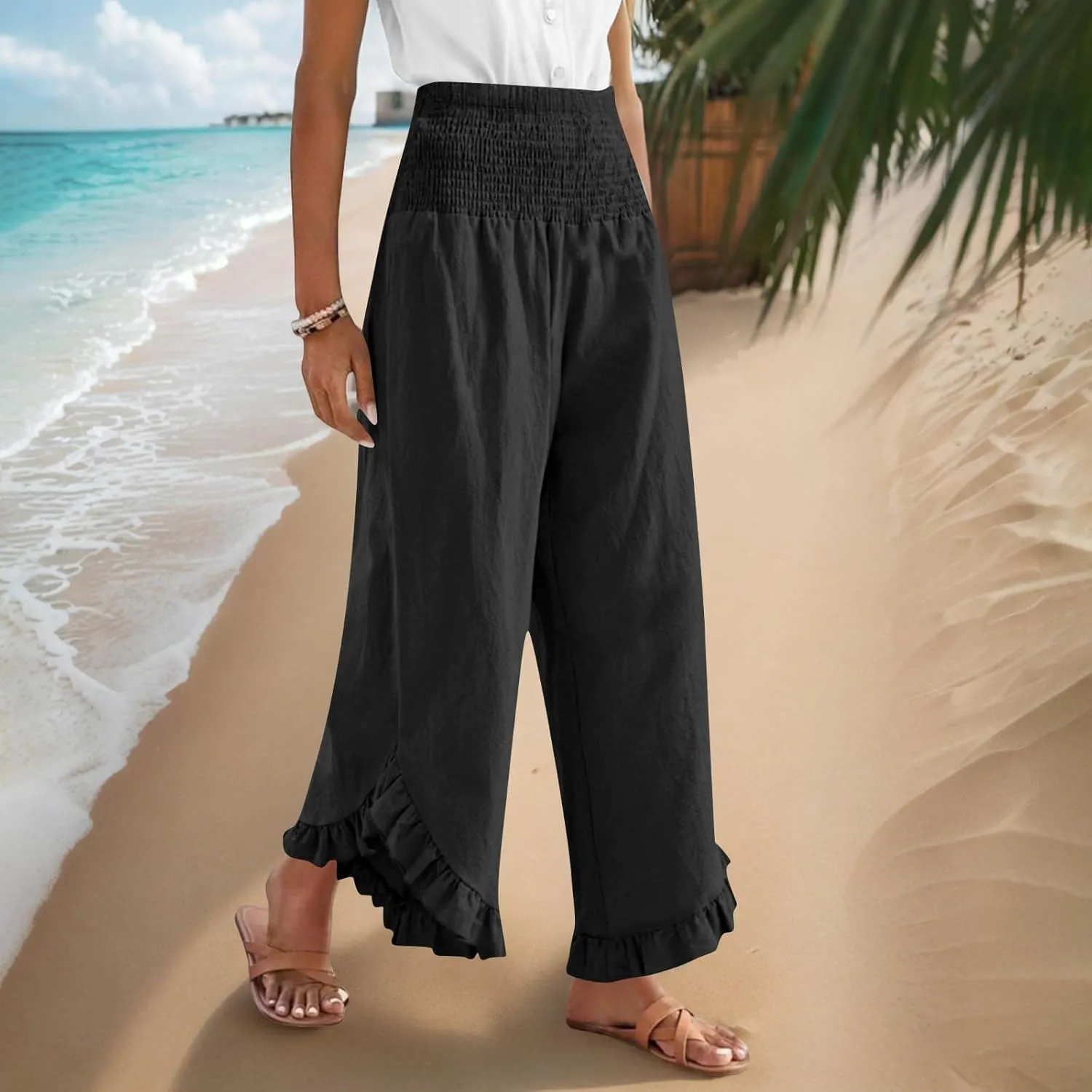Wide Leg Pants Woman,High Waisted Flowy Pants for Women Ruffle Hem Cropped Elastic Waist Beach Office Boho Trousers