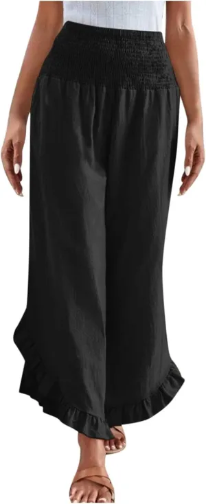 Wide Leg Pants Woman,High Waisted Flowy Pants for Women Ruffle Hem Cropped Elastic Waist Beach Office Boho Trousers