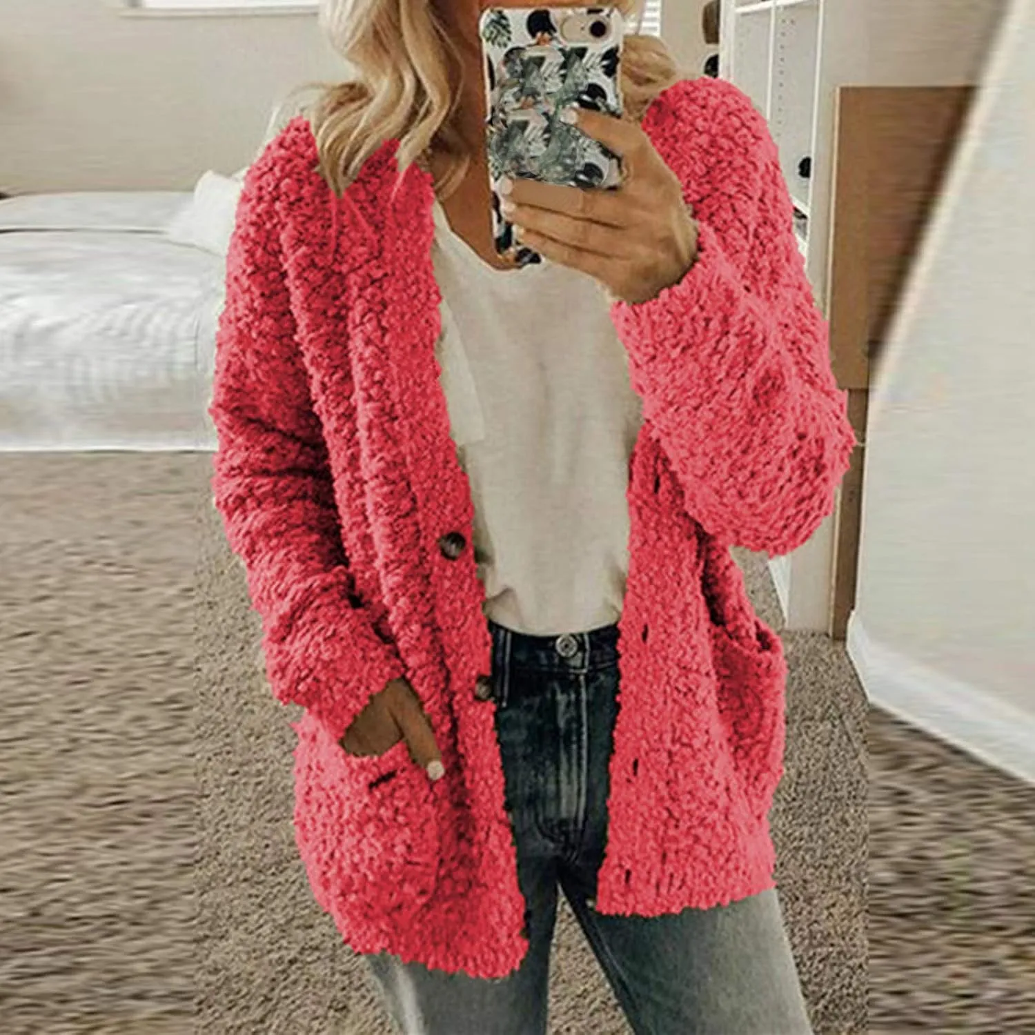 Winter Coat for Women 2024 Soft Fleece Jacket Fuzzy Sherpa Cardigan Open Front Fleece Button Down Warm Casual Sweater