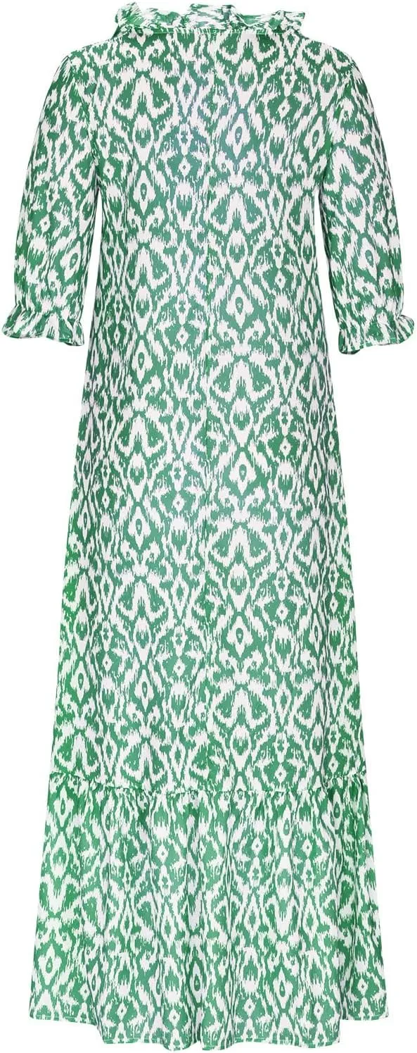 Women Boho Summer Dresses Floral Print Retro V Neck Tassel Bohemian Maxi Dress 3/4 Sleeve Ruffle Flowy A-Line Dress