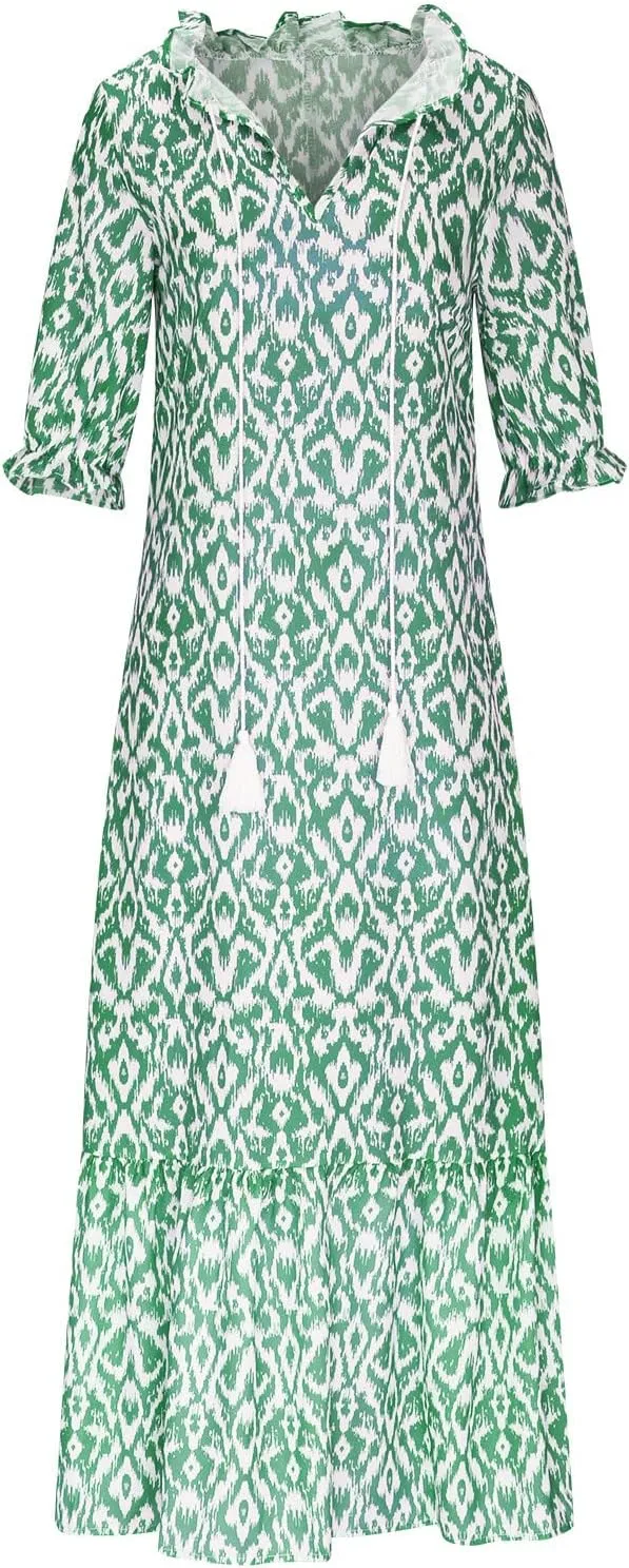 Women Boho Summer Dresses Floral Print Retro V Neck Tassel Bohemian Maxi Dress 3/4 Sleeve Ruffle Flowy A-Line Dress