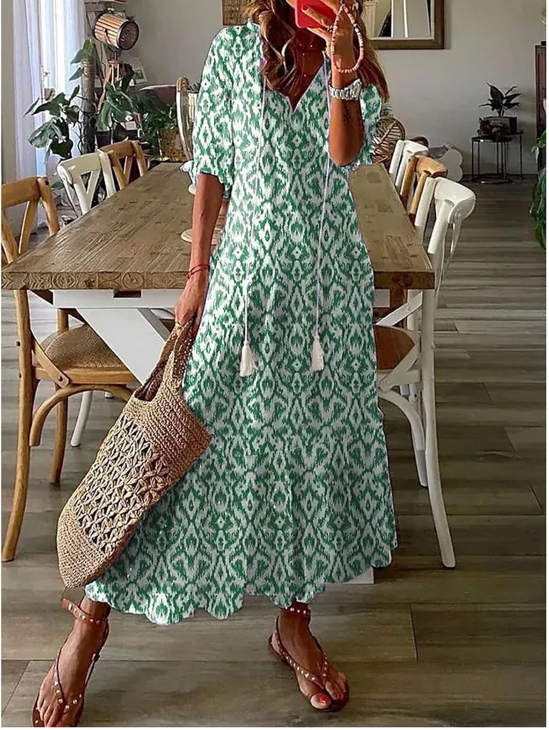 Women Boho Summer Dresses Floral Print Retro V Neck Tassel Bohemian Maxi Dress 3/4 Sleeve Ruffle Flowy A-Line Dress