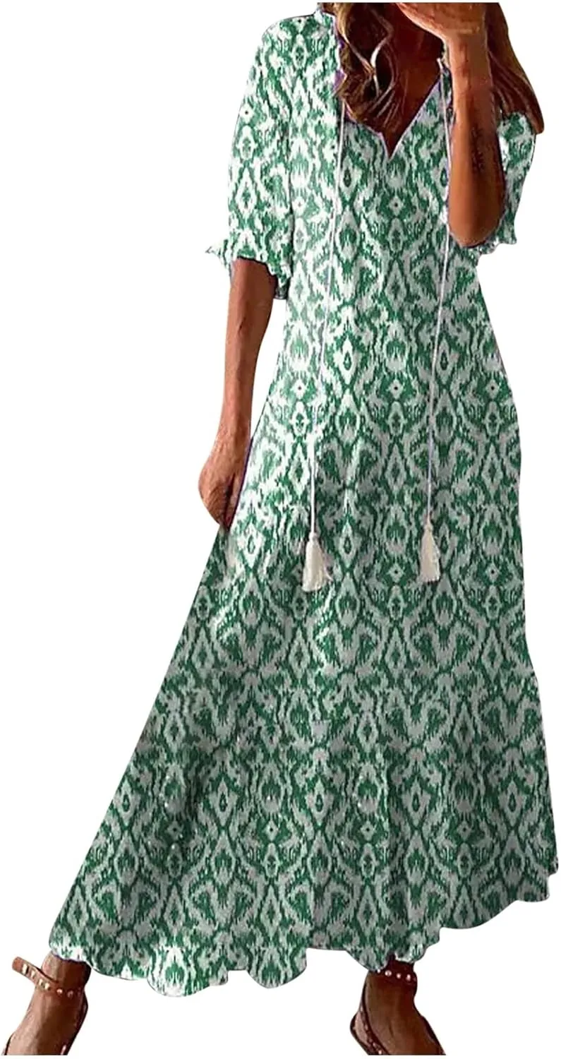 Women Boho Summer Dresses Floral Print Retro V Neck Tassel Bohemian Maxi Dress 3/4 Sleeve Ruffle Flowy A-Line Dress