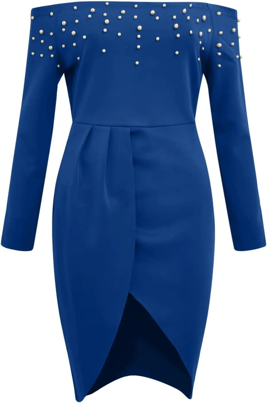 Women Fashion Party Dress Solid Cold Shoulder Beads 3/4 Sleeves Medium Length Irregular Dress Casual Skirts for