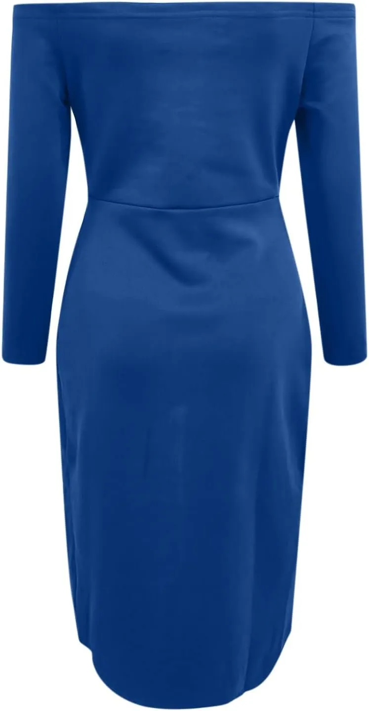 Women Fashion Party Dress Solid Cold Shoulder Beads 3/4 Sleeves Medium Length Irregular Dress Casual Skirts for