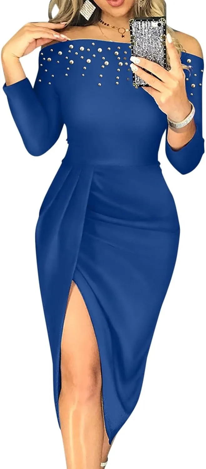 Women Fashion Party Dress Solid Cold Shoulder Beads 3/4 Sleeves Medium Length Irregular Dress Casual Skirts for